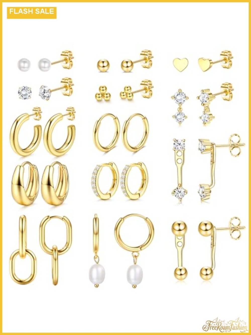 14K Gold Plated Stud Hoop Earrings Set for Women Hypoallergenic Lightweight